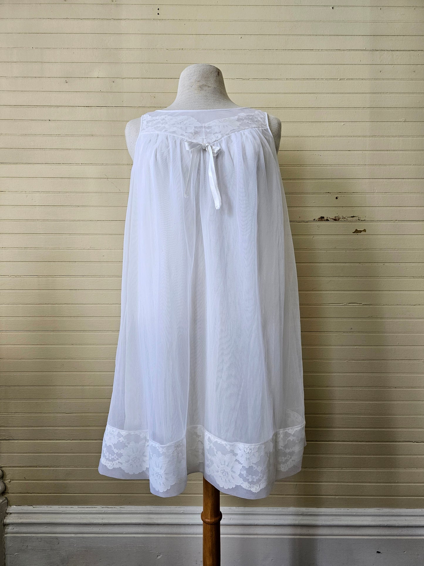 Vintage nightgown, Sears medium 36 white sheer lace peignoir nightie babydoll lingerie 60s sleeveless above the knee scoop neck