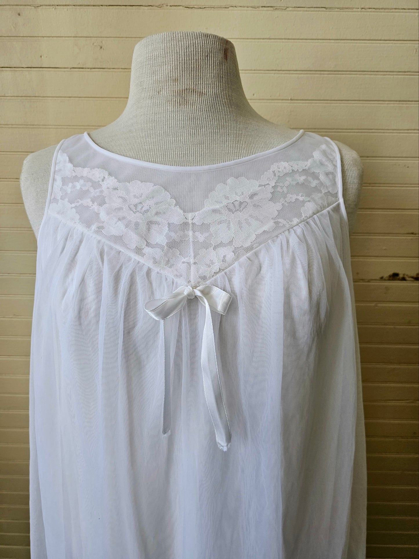 Vintage nightgown, Sears medium 36 white sheer lace peignoir nightie babydoll lingerie 60s sleeveless above the knee scoop neck