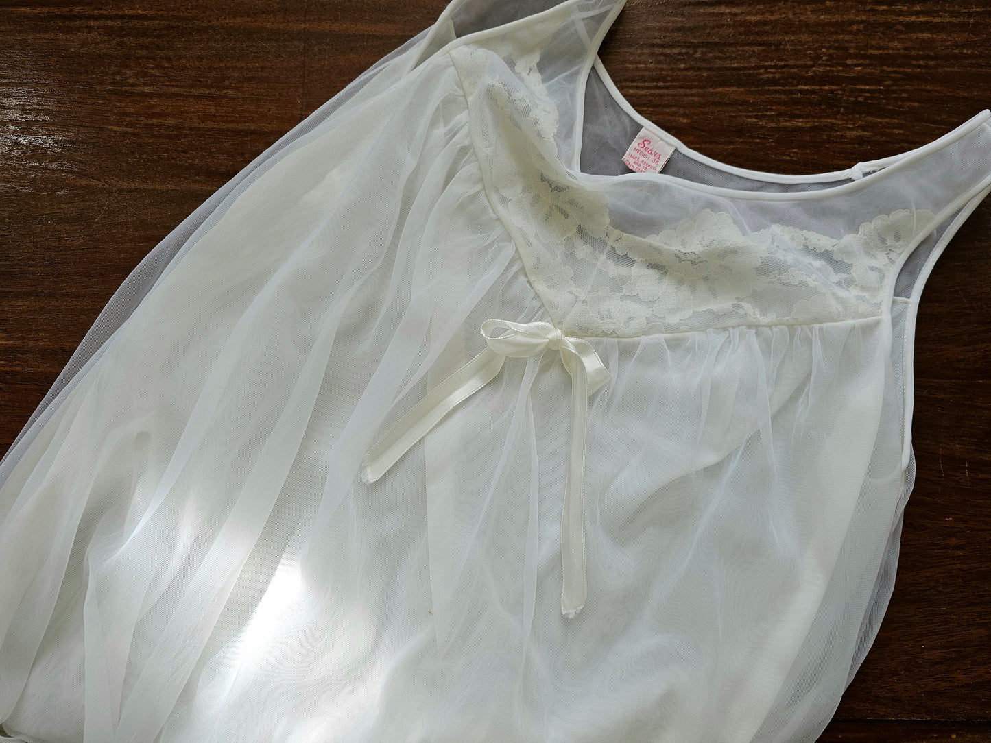 Vintage nightgown, Sears medium 36 white sheer lace peignoir nightie babydoll lingerie 60s sleeveless above the knee scoop neck
