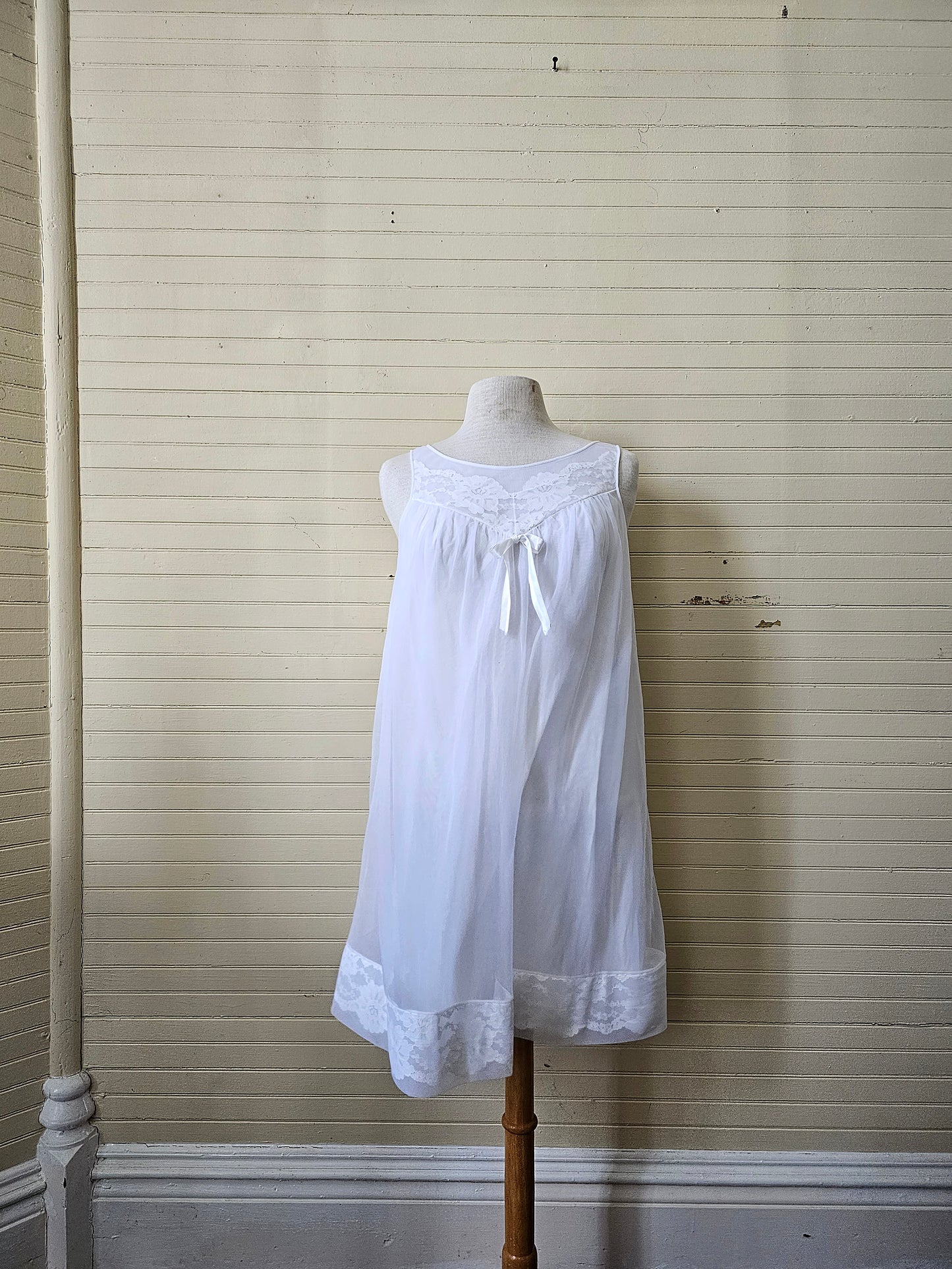 Vintage nightgown, Sears medium 36 white sheer lace peignoir nightie babydoll lingerie 60s sleeveless above the knee scoop neck