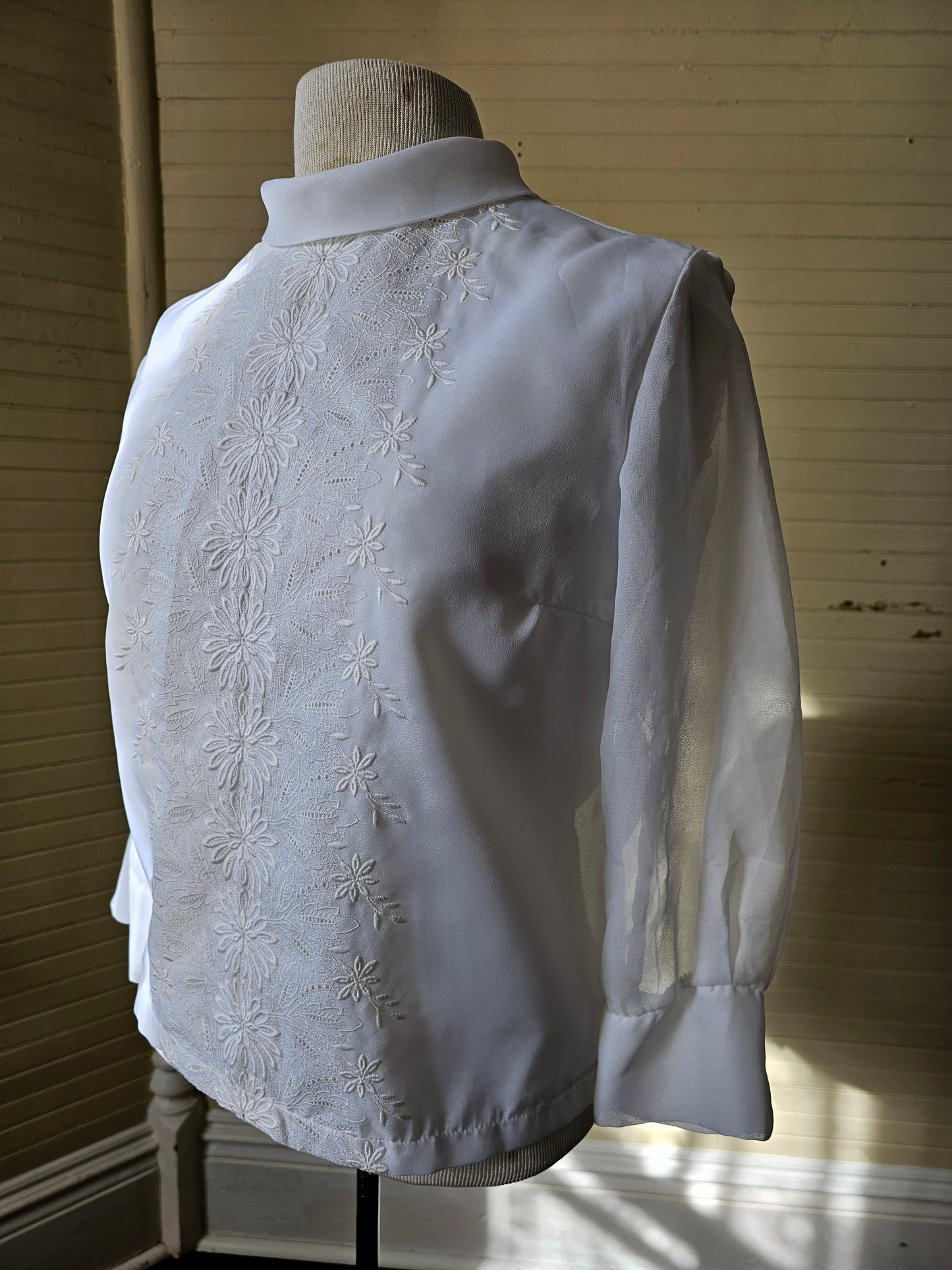 Vintage blouse handmade white button up back long sleeves floral embroidered crew neck rolled collar sheer shirt polyester