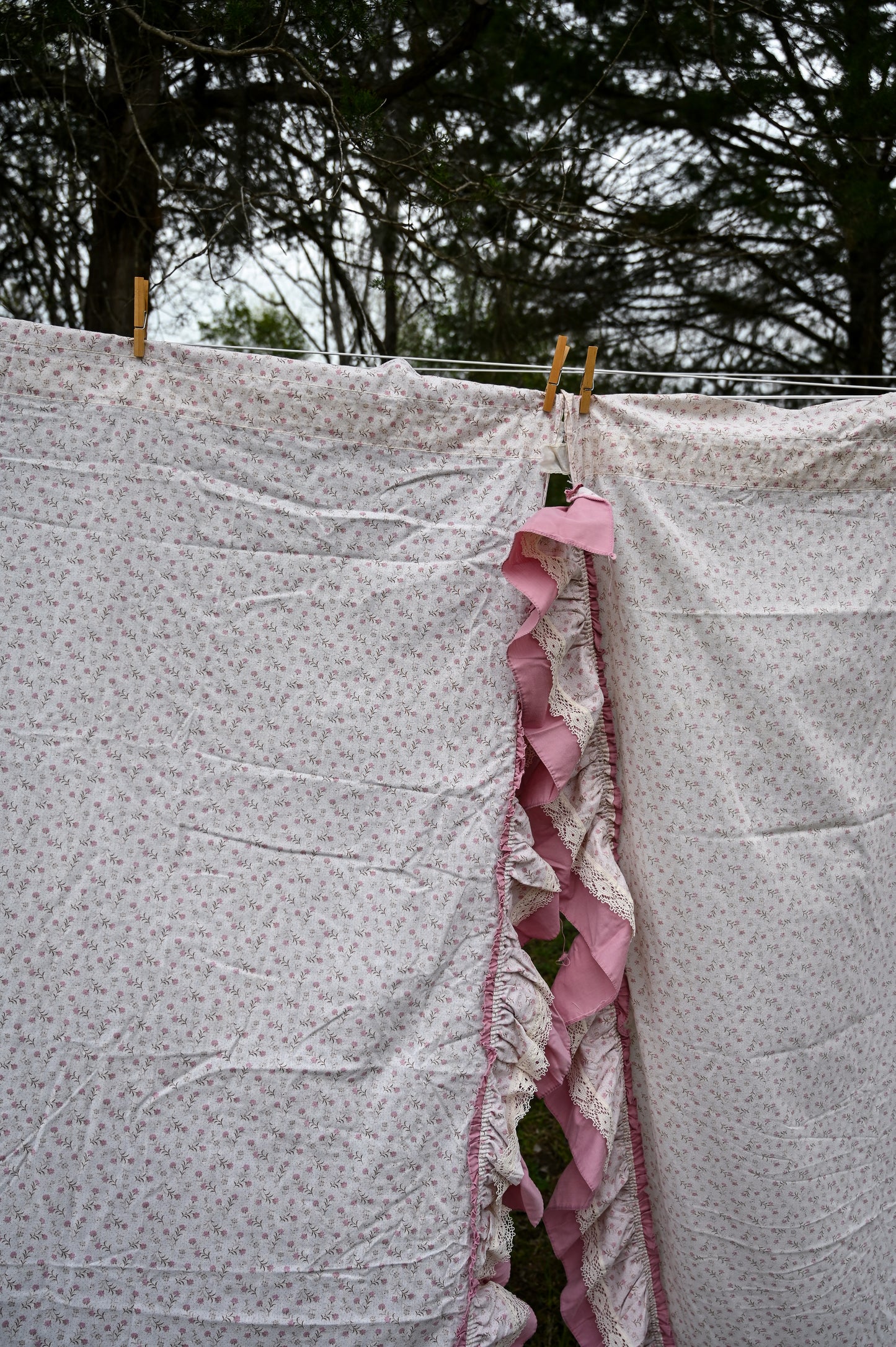 Vintage curtains, set of 4 long panels pink cream brown floral ruffle lace trim 80s rod pocket insert girly country farmhouse cottagecore granny shabby chic