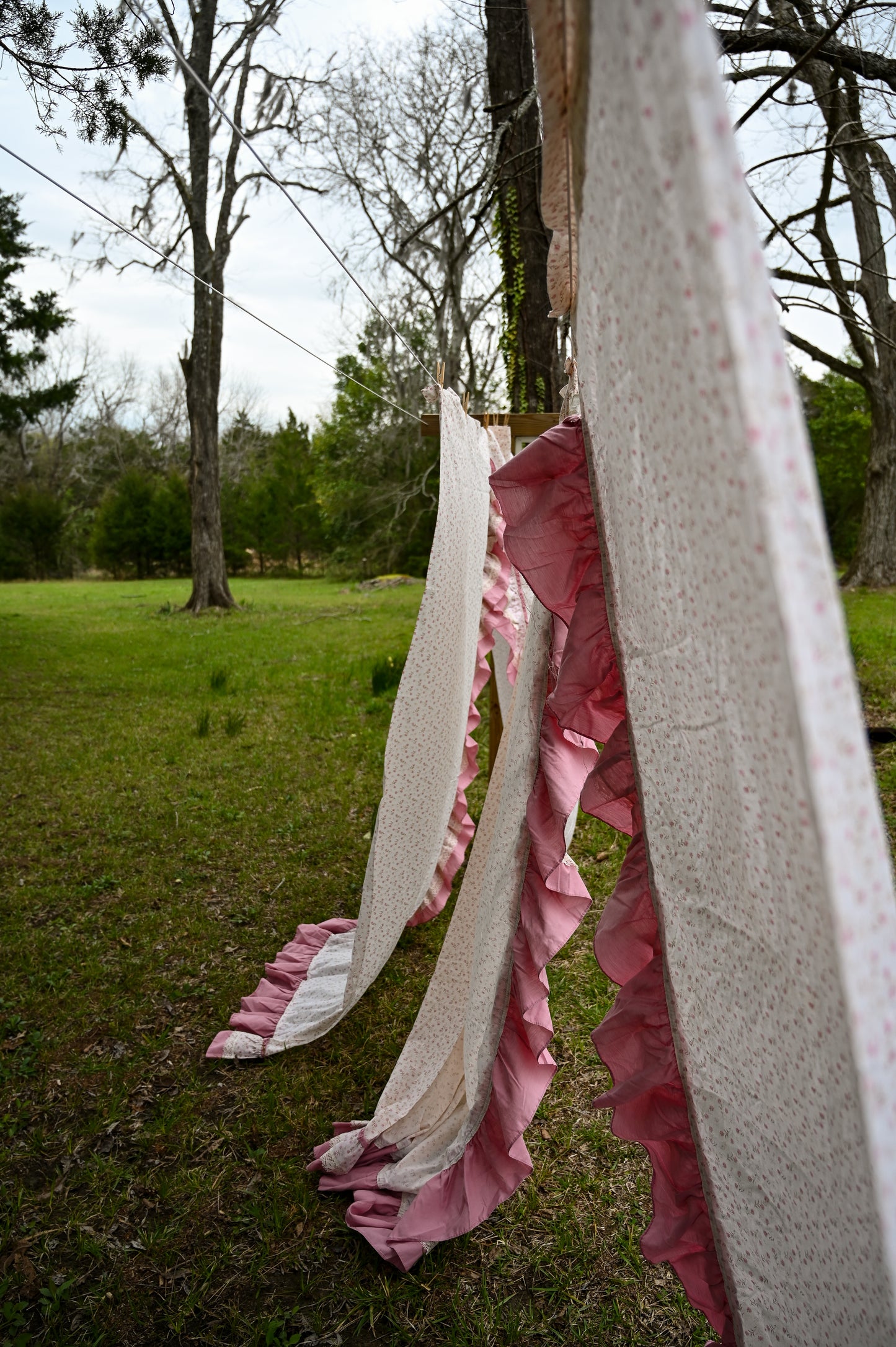 Vintage curtains, set of 4 long panels pink cream brown floral ruffle lace trim 80s rod pocket insert girly country farmhouse cottagecore granny shabby chic