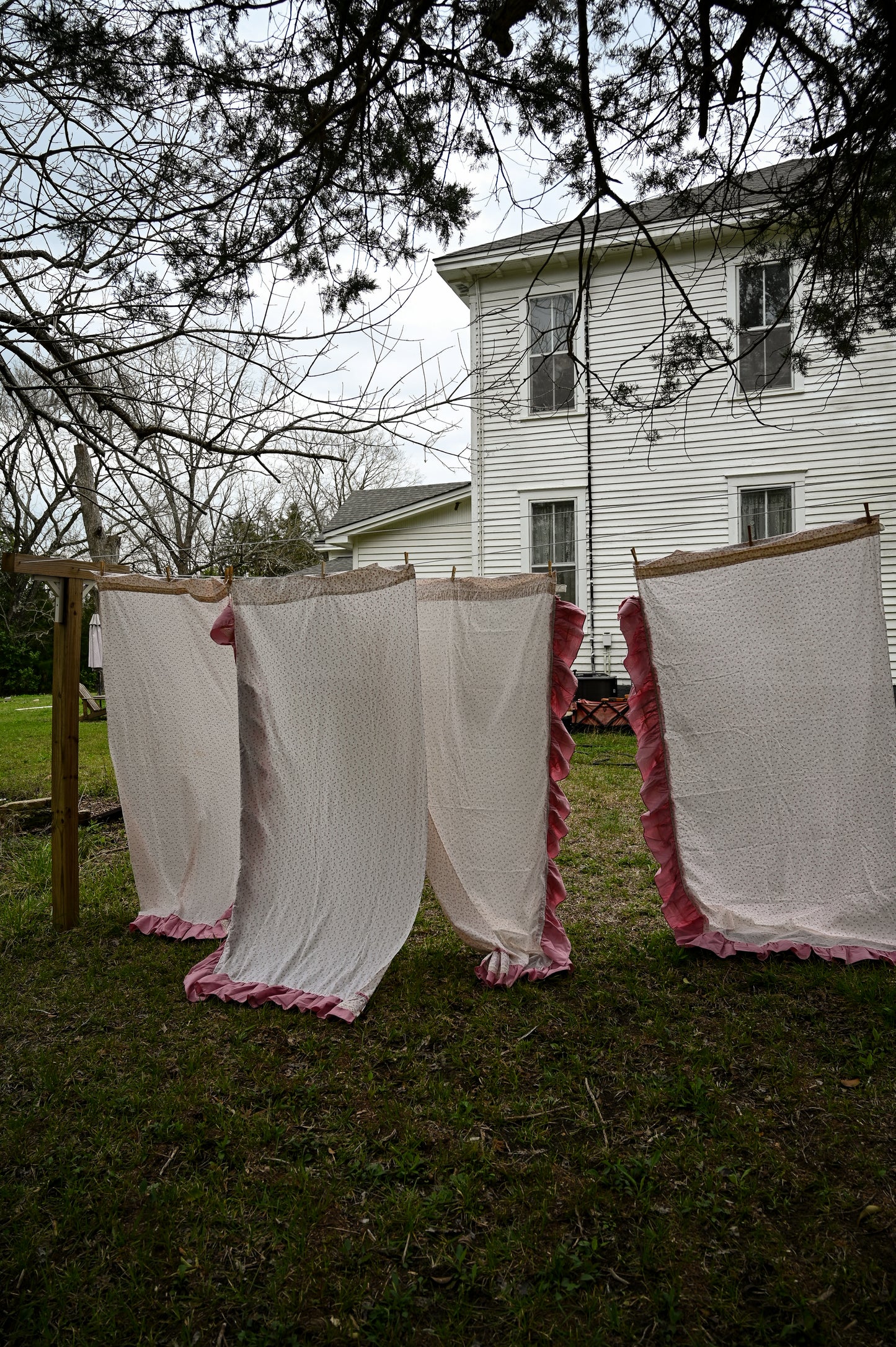 Vintage curtains, set of 4 long panels pink cream brown floral ruffle lace trim 80s rod pocket insert girly country farmhouse cottagecore granny shabby chic