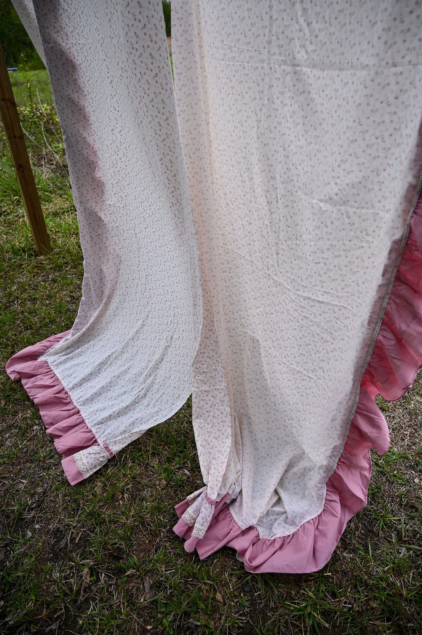 Vintage curtains, set of 4 long panels pink cream brown floral ruffle lace trim 80s rod pocket insert girly country farmhouse cottagecore granny shabby chic