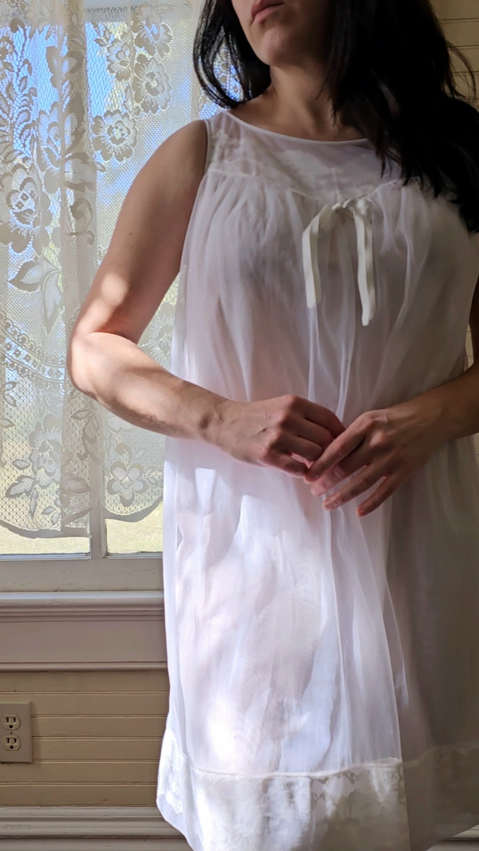 Vintage nightgown, Sears medium 36 white sheer lace peignoir nightie babydoll lingerie 60s sleeveless above the knee scoop neck