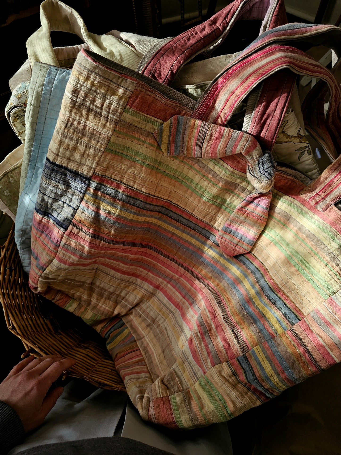 Handmade quilt bag, tote carryall large oversized upcycled repurposed lined pocket stripes rainbow colorful tie closure