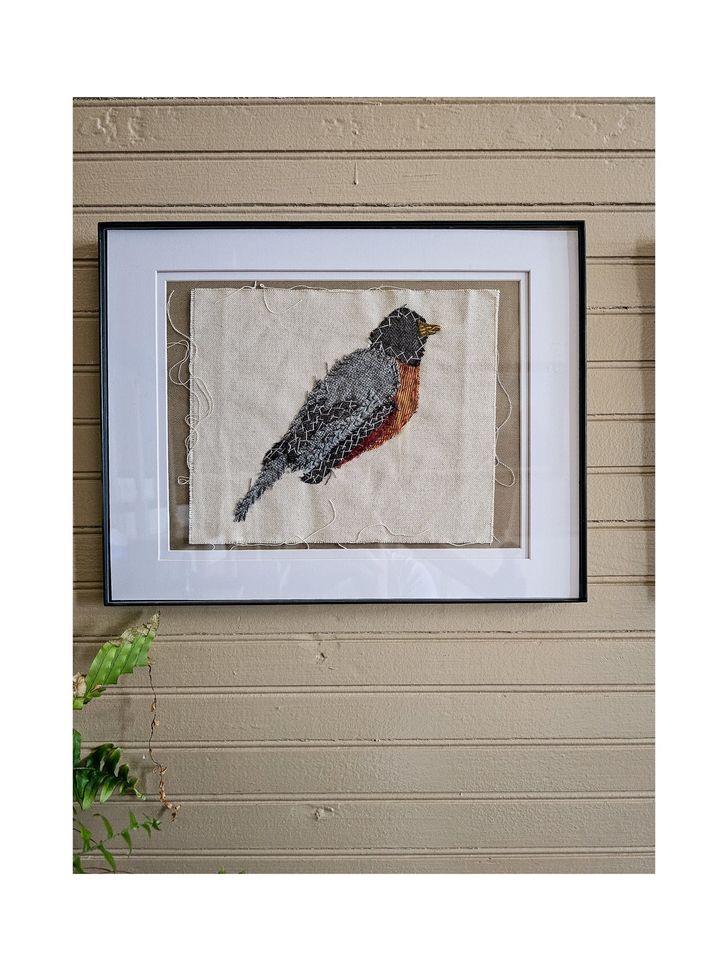 Robin, Male original art hand embroidered raw edge applique upcycled fabrics textile art