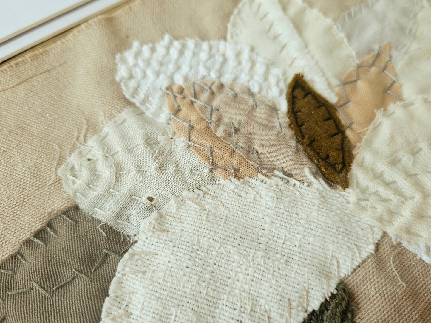 Magnolia, original art hand embroidered raw edge applique upcycled fabrics textile art