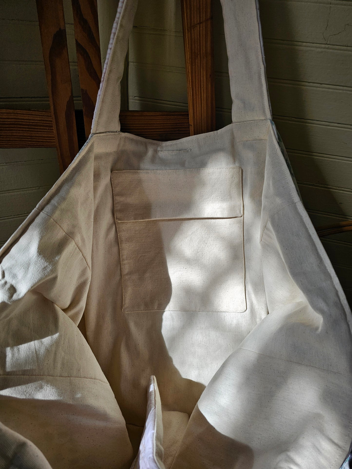 Handmade quilt bag, green pink patchwork floral large oversized carryall tote fully lined cream canvas tie closure inside pocket refashioned repurposed upcycled granny chic