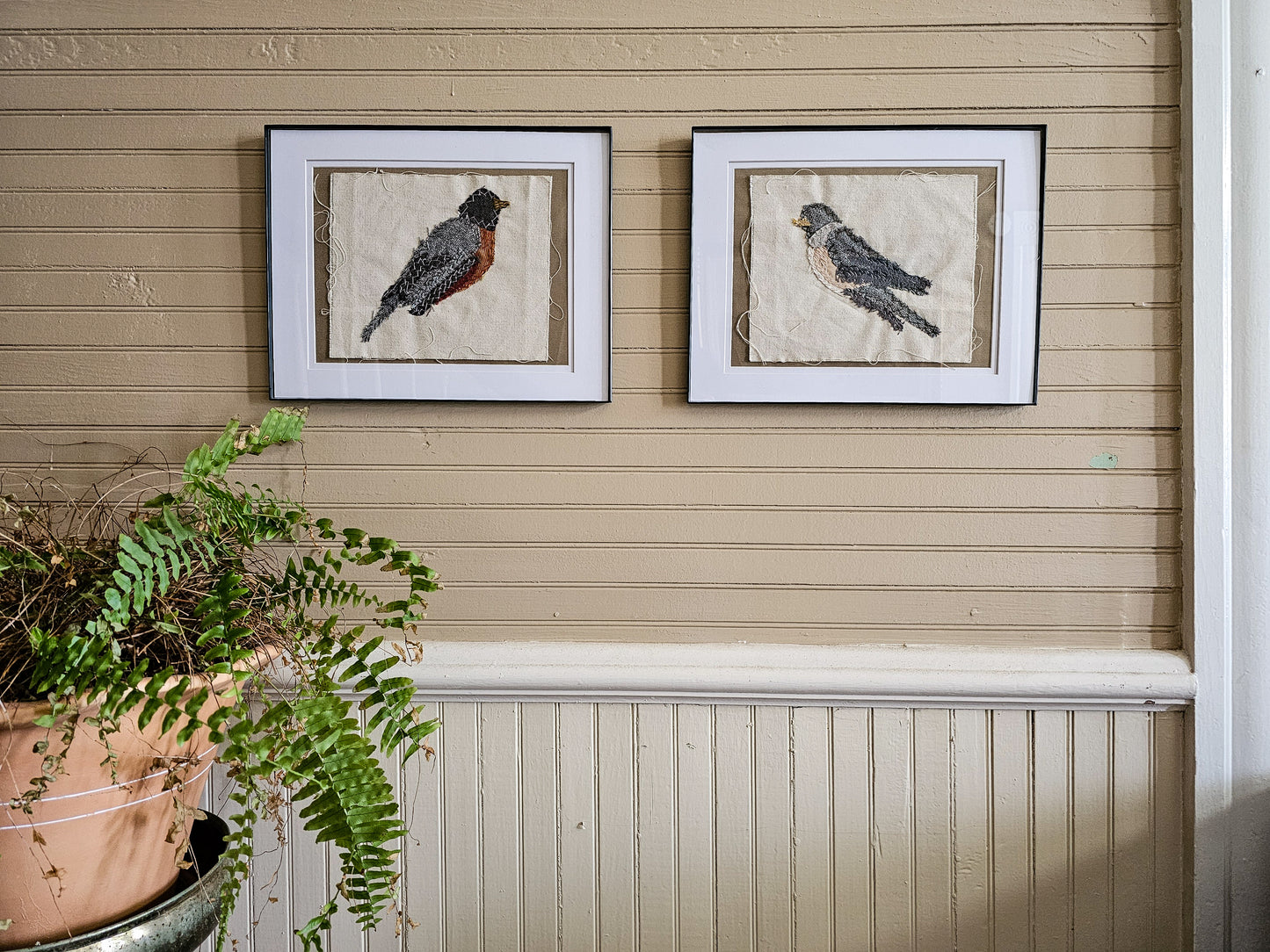 Robin, Female original art hand embroidered raw edge applique upcycled fabrics textile art