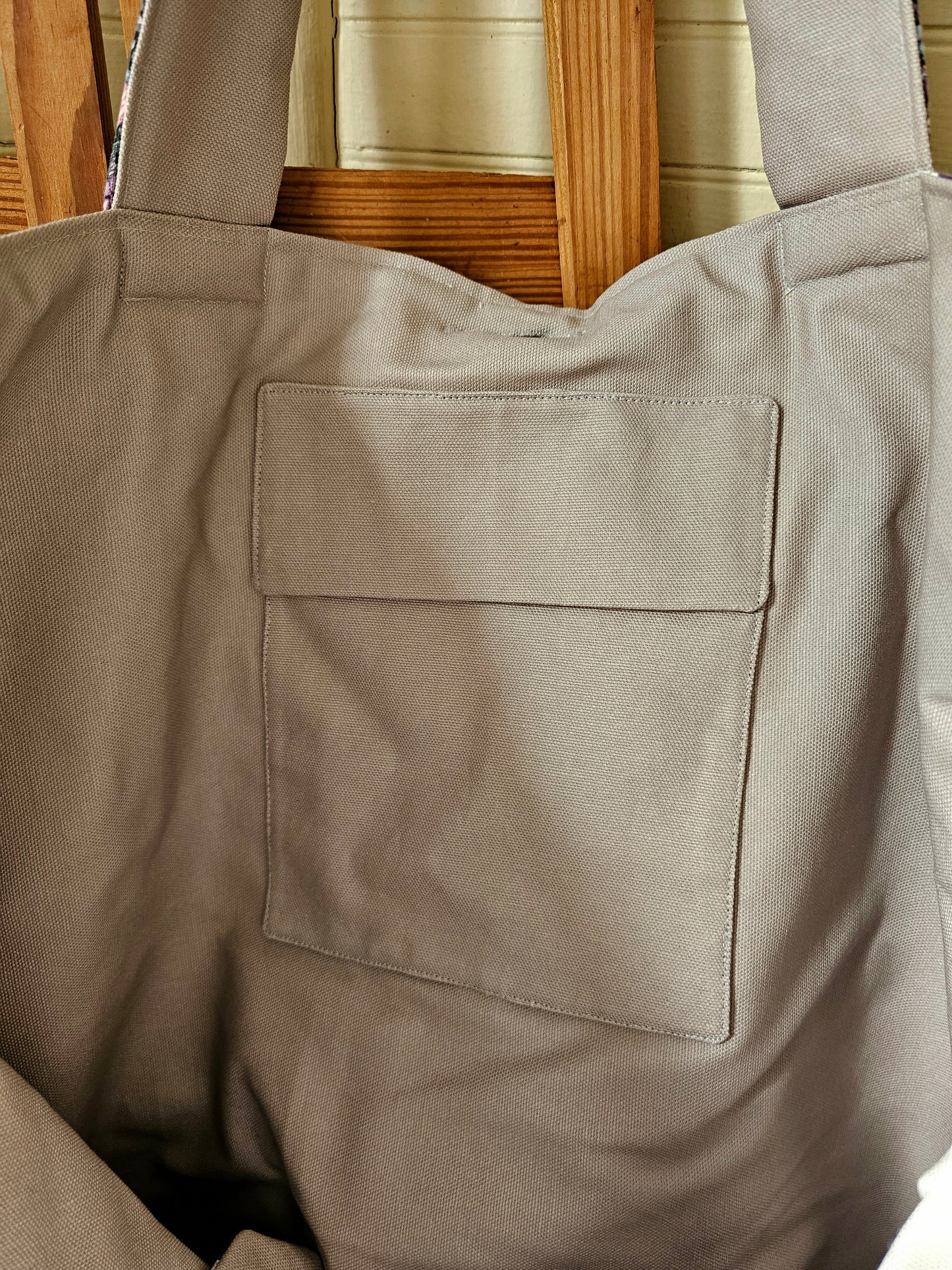 Handmade quilt bag, purple black patchwork repurposed refashioned upcycled large oversized carryall fully lined gray canvas tie closure inside pocket granny chic