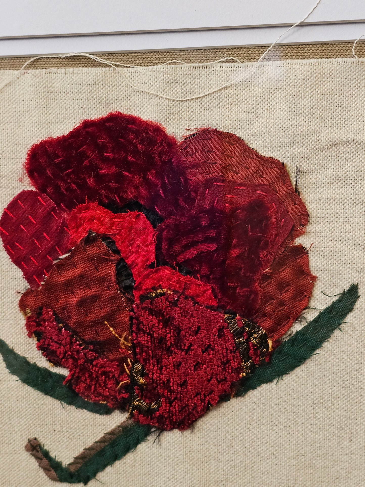 Red Rose, original art hand embroidered raw edge applique upcycled fabrics textile art