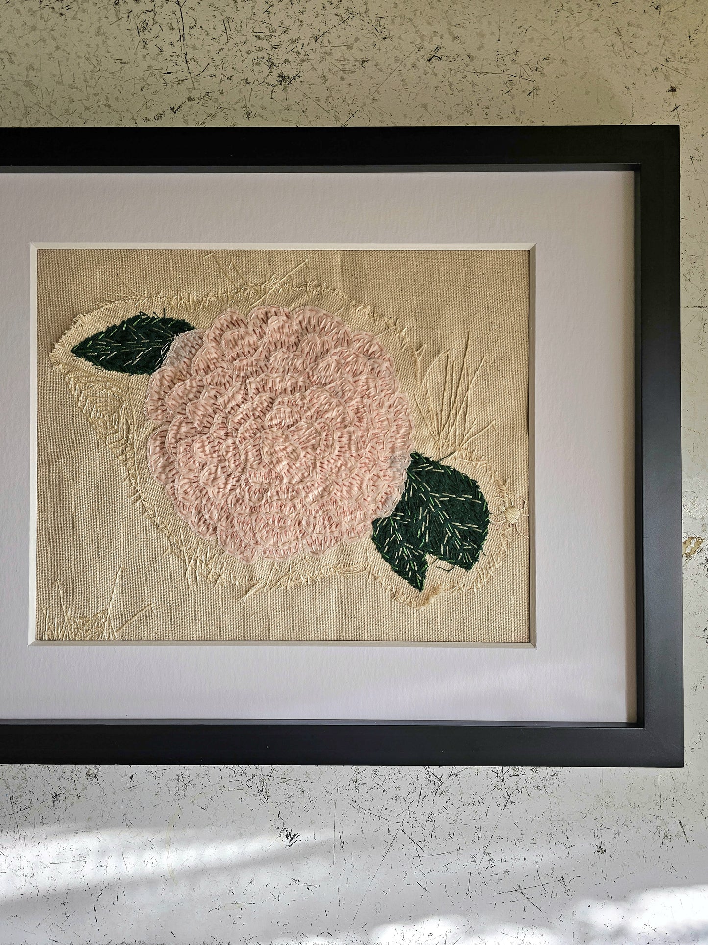 Camellia, original art hand embroidered raw edge applique upcycled fabrics textile art