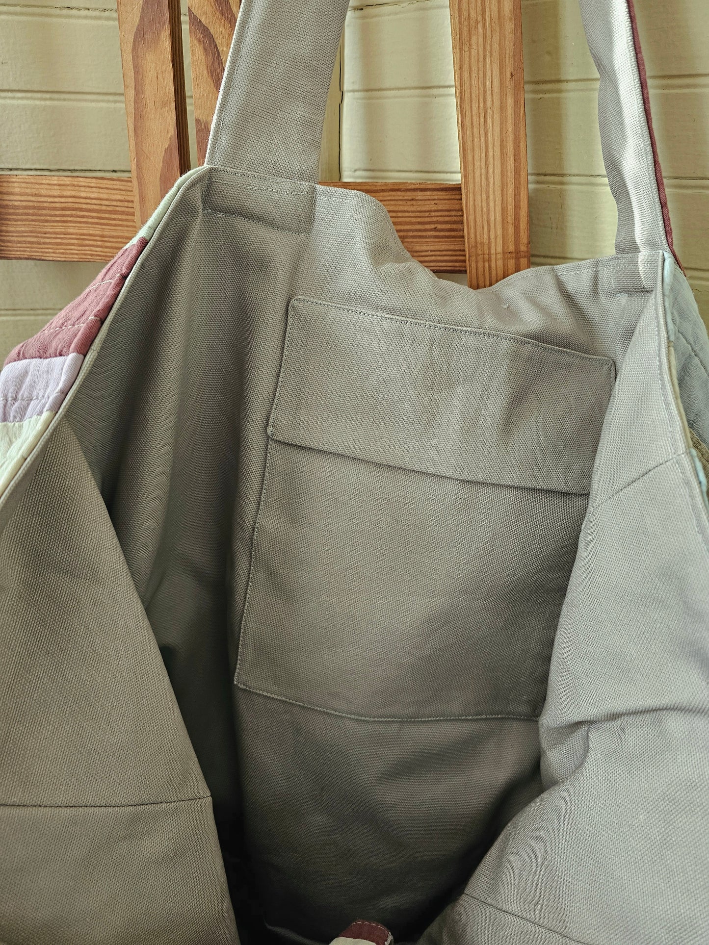 Handmade quilt bag, tote large oversized carry all striped upcycled repurposed rainbow multi-colored fully lined canvas inside pocket tie closure