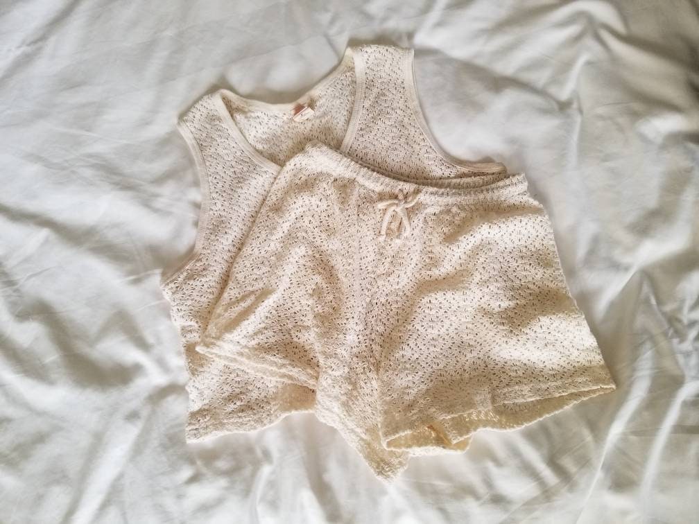 SALE Vintage Swimsuit Cover / Venus Swimwear / Medium / 90s Fashion / Crochet Shorts Set / Cotton Lace Pajamas / Tank Top Set / Off White Neutral