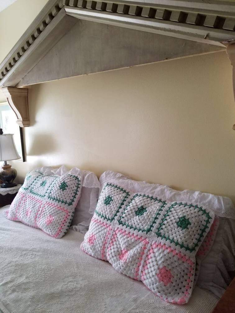 SALE Vintage Crochet Pillowcases / Pair / Set of 2 / Granny Square / Acrylic / Pink / White / Green / Standard Size / Hippie / Boho / Handmade