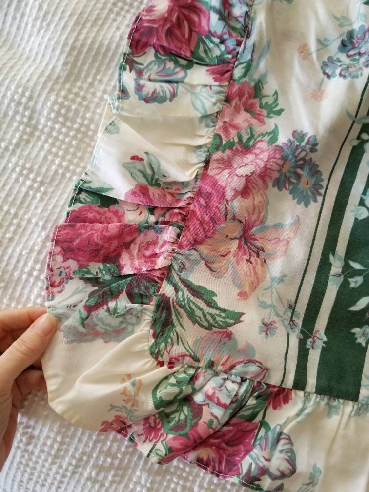 SALE Vintage Floral Shams, Crown Crafts, Jacqueline, ruffled, standard size, set of 2, pillowcases, 90s, roses, green stripe, bouquet, blue, pink