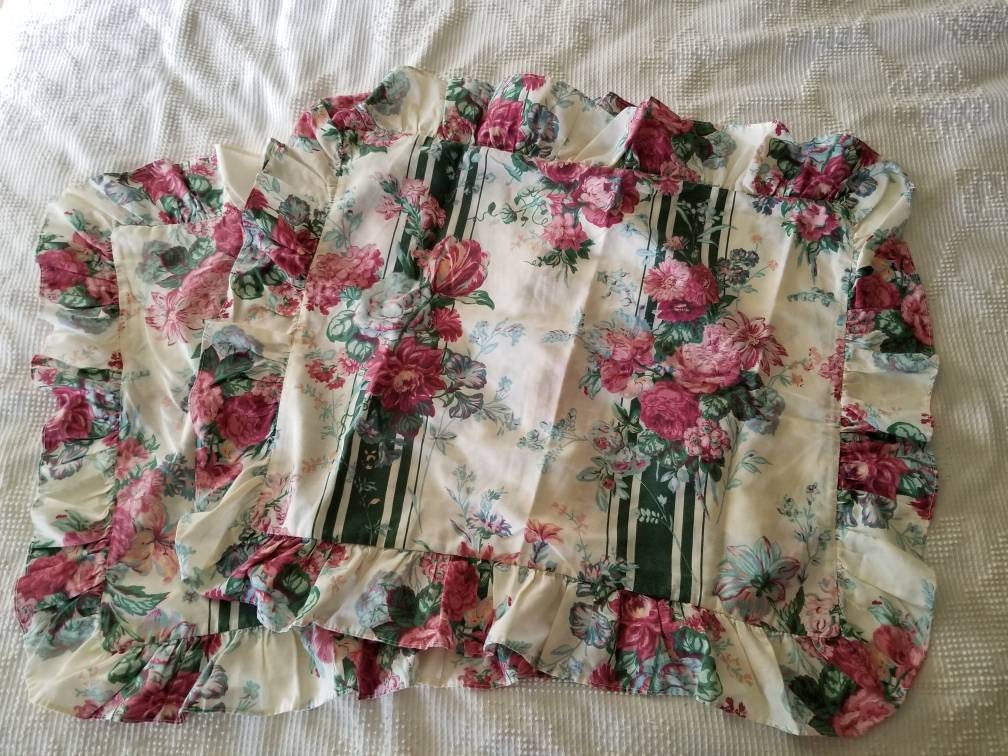 SALE Vintage Floral Shams, Crown Crafts, Jacqueline, ruffled, standard size, set of 2, pillowcases, 90s, roses, green stripe, bouquet, blue, pink