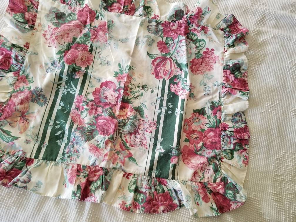 SALE Vintage Floral Shams, Crown Crafts, Jacqueline, ruffled, standard size, set of 2, pillowcases, 90s, roses, green stripe, bouquet, blue, pink