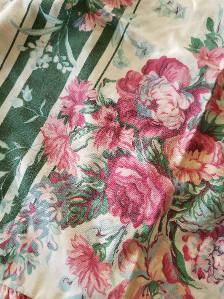 SALE Vintage Floral Shams, Crown Crafts, Jacqueline, ruffled, standard size, set of 2, pillowcases, 90s, roses, green stripe, bouquet, blue, pink