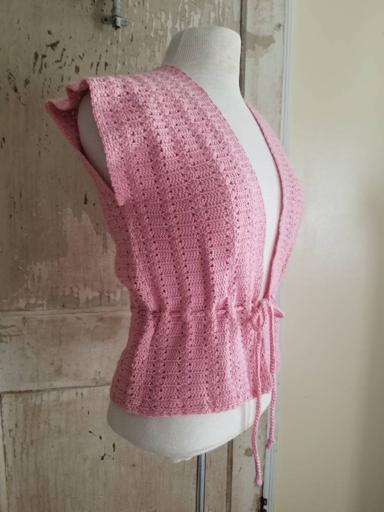 Vintage knit vest, pink, handmade, sleeveless, drawstring, small, medium, women, feminine, simple, minimal, cotton, classic, timeless