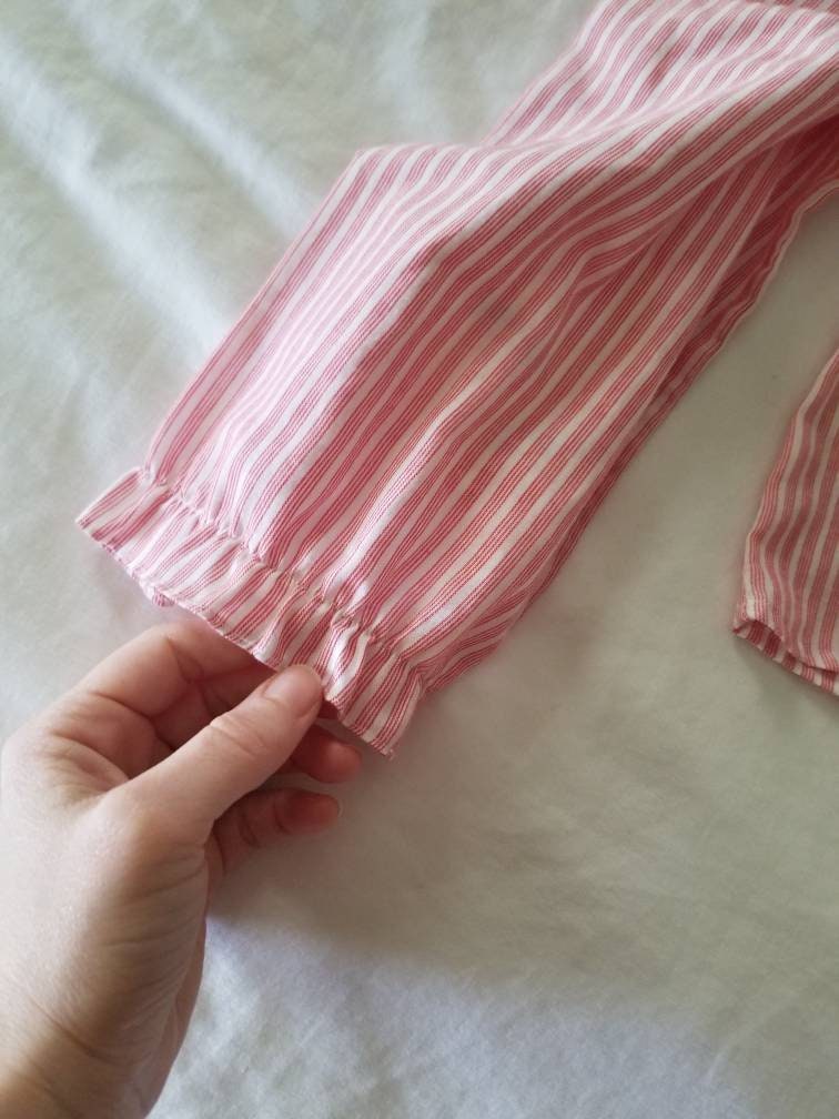 SALE Vintage blouse, Youngland, 4, toddler girl, ruffle neck, long sleeves, red, white, stripes, candy cane, button back, 70s, shirt, top