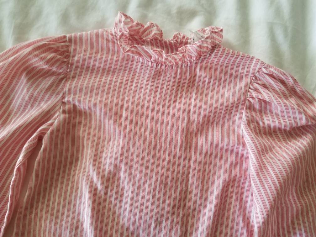 SALE Vintage blouse, Youngland, 4, toddler girl, ruffle neck, long sleeves, red, white, stripes, candy cane, button back, 70s, shirt, top