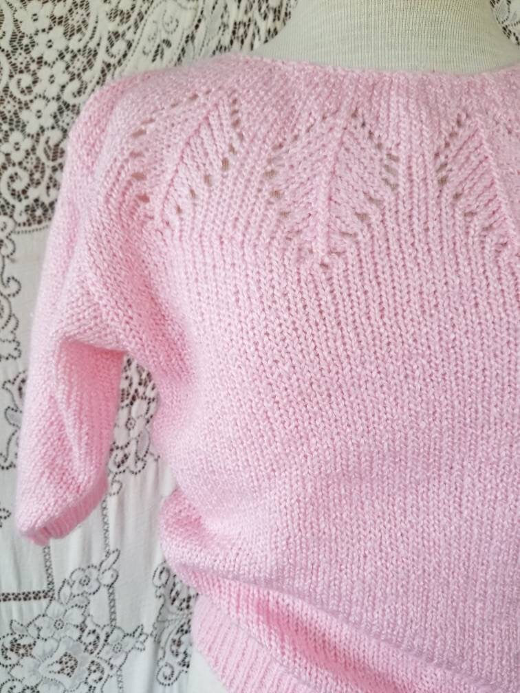 SALE Vintage sweater, Yarn Works, shirt, top, short sleeves, pink, pastel, knit, scoop neck, leaf pattern, granny chic, pullover, 80s, women