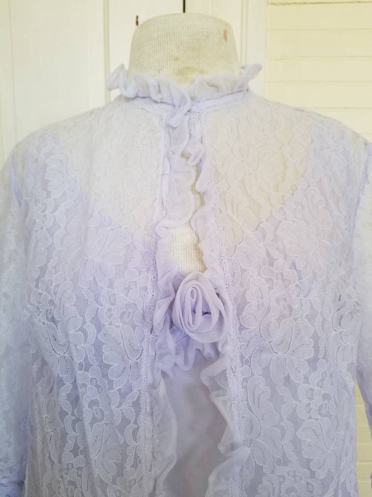 Vintage peignoir, Schiesser, set of 2, nightgown, robe, lavender, purple, knee length, short, sleeveless, floral, lace, 70s, lingerie, sheer