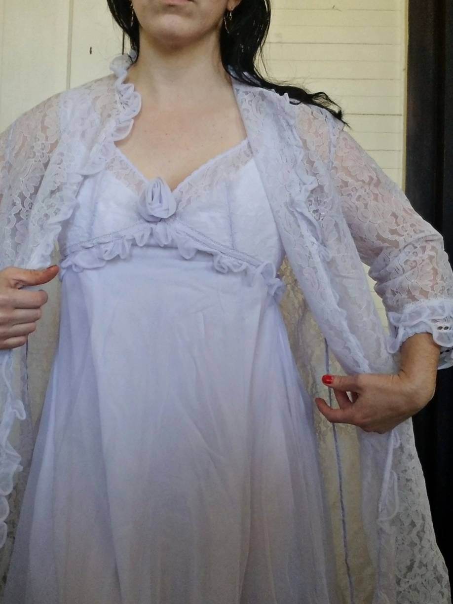 Vintage peignoir, Schiesser, set of 2, nightgown, robe, lavender, purple, knee length, short, sleeveless, floral, lace, 70s, lingerie, sheer