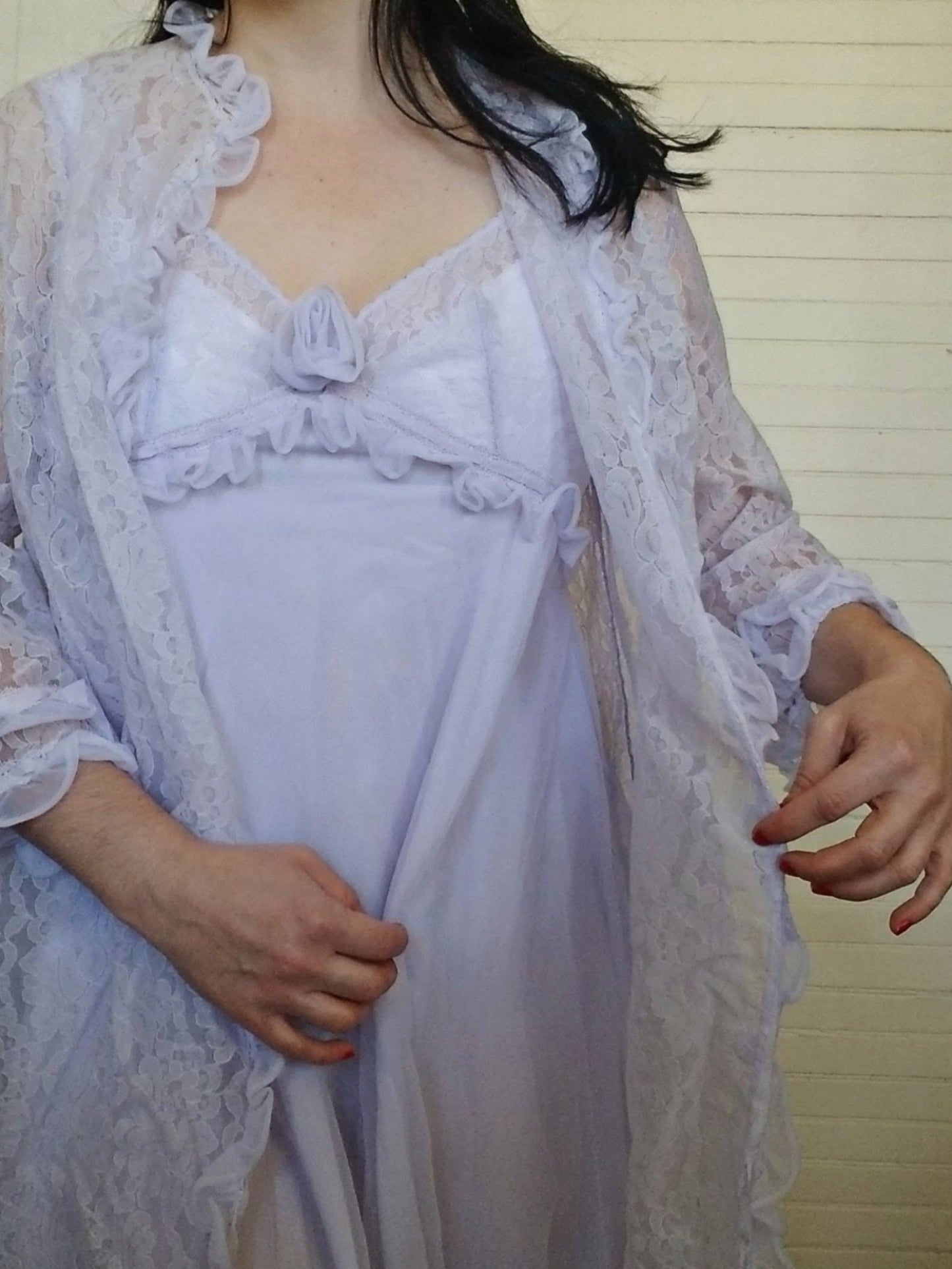 Vintage peignoir, Schiesser, set of 2, nightgown, robe, lavender, purple, knee length, short, sleeveless, floral, lace, 70s, lingerie, sheer