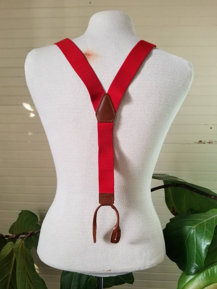 Vintage suspenders, red button hole elastic adjustable gentleman fancy dressy gold tone brown leather loops classy stylish y back one size