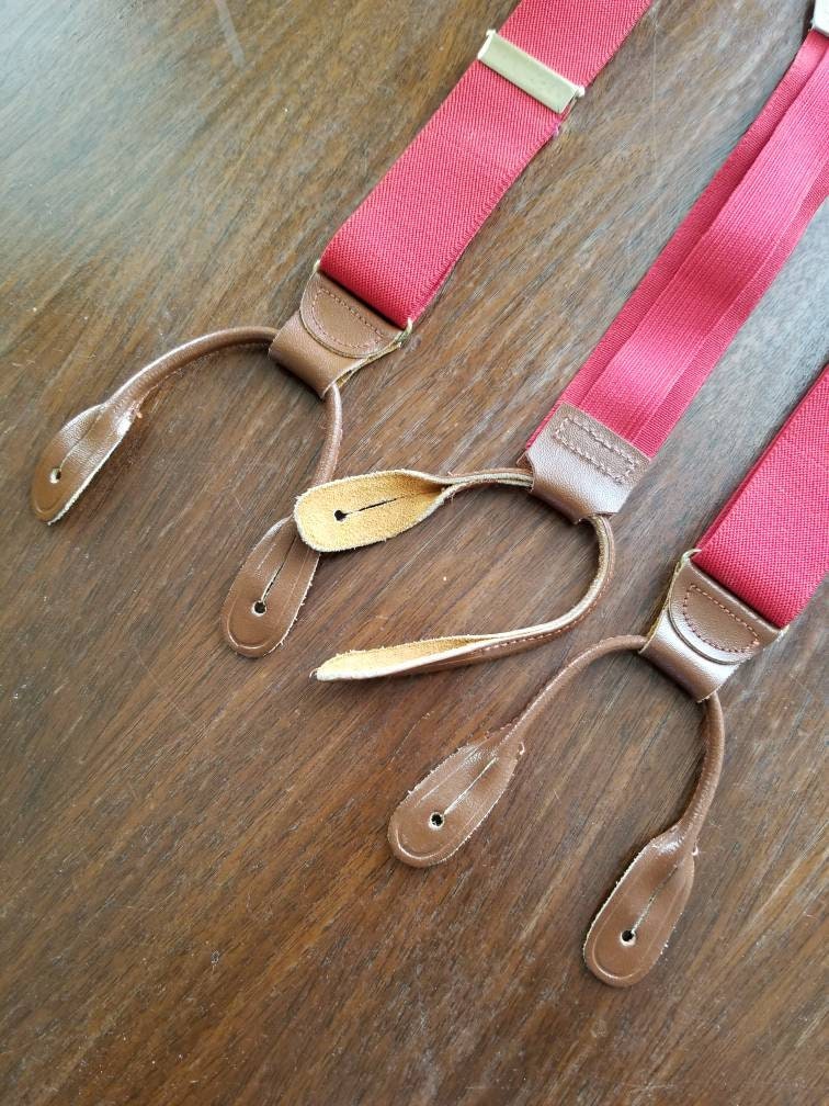 Vintage suspenders, red button hole elastic adjustable gentleman fancy dressy gold tone brown leather loops classy stylish y back one size