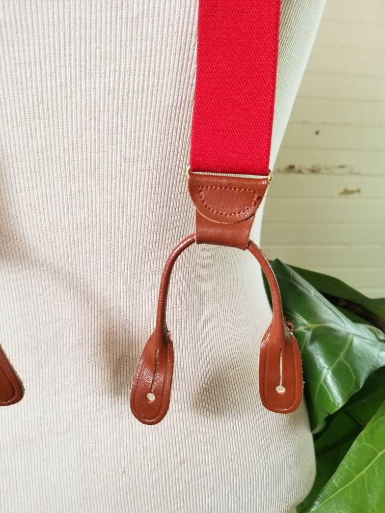 Vintage suspenders, red button hole elastic adjustable gentleman fancy dressy gold tone brown leather loops classy stylish y back one size