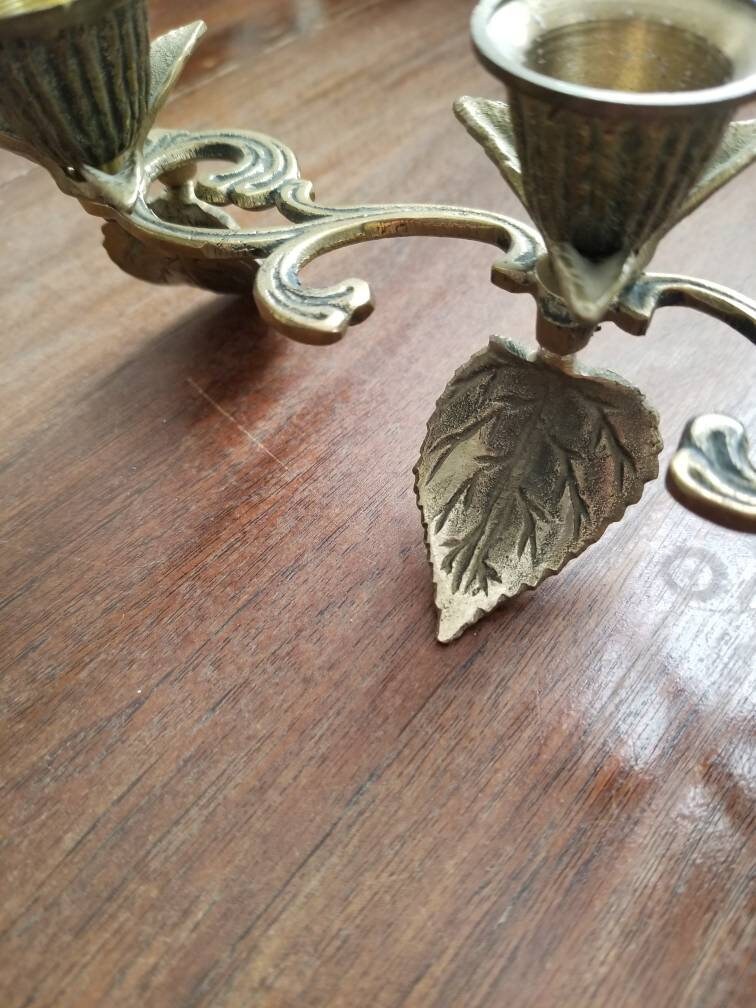 Vintage candlestick, brass candelabra taper candle holder leaf vine motif metal 3 unique table decor cottagecore fairy witchy forest garden