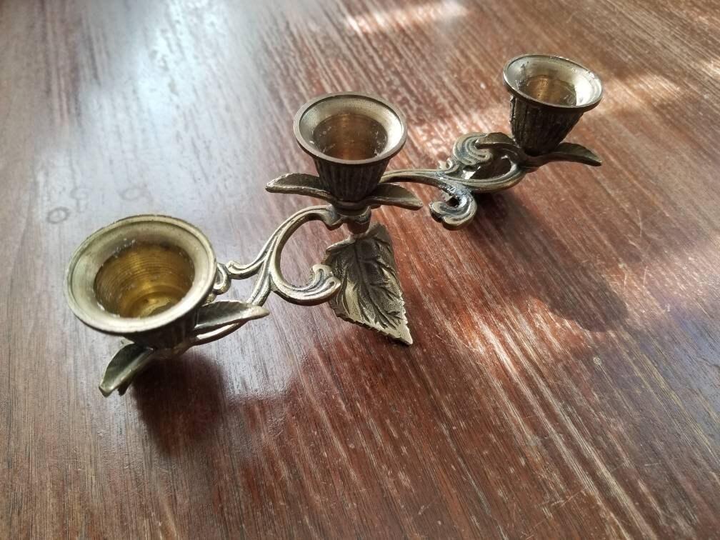 Vintage candlestick, brass candelabra taper candle holder leaf vine motif metal 3 unique table decor cottagecore fairy witchy forest garden