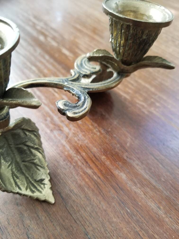 Vintage candlestick, brass candelabra taper candle holder leaf vine motif metal 3 unique table decor cottagecore fairy witchy forest garden