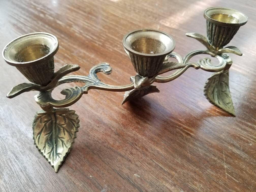 Vintage candlestick, brass candelabra taper candle holder leaf vine motif metal 3 unique table decor cottagecore fairy witchy forest garden
