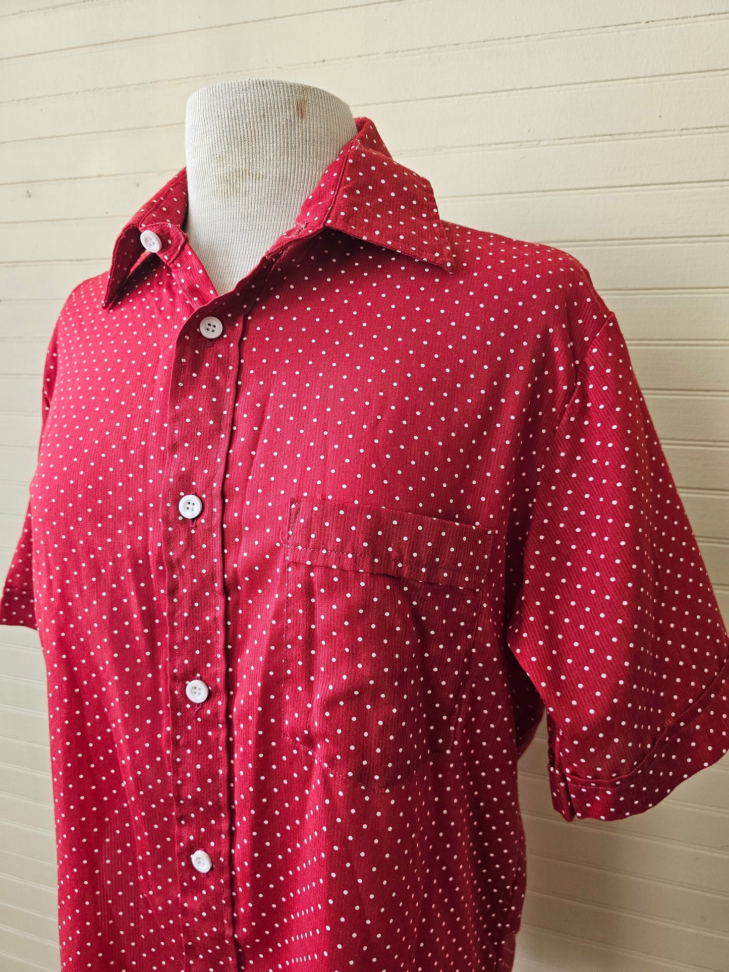 Vintage blouse, Blair medium red white polka dots button up front collar short sleeves pocket casual shirt 80s 90s women flirty retro pinup