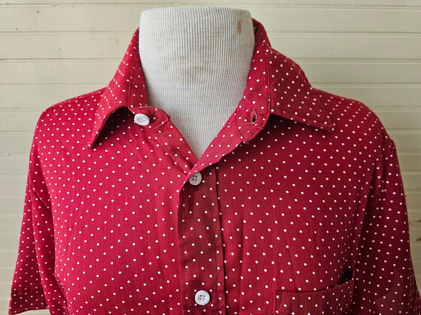 Vintage blouse, Blair medium red white polka dots button up front collar short sleeves pocket casual shirt 80s 90s women flirty retro pinup