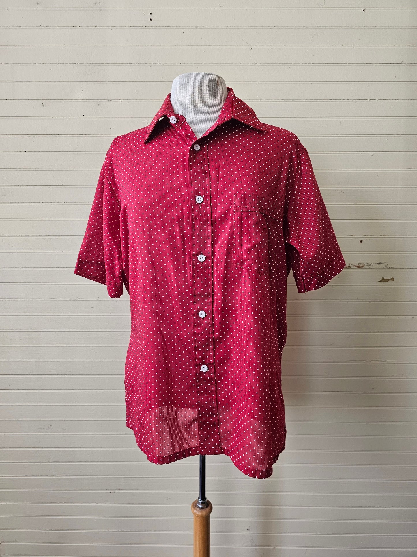 Vintage blouse, Blair medium red white polka dots button up front collar short sleeves pocket casual shirt 80s 90s women flirty retro pinup