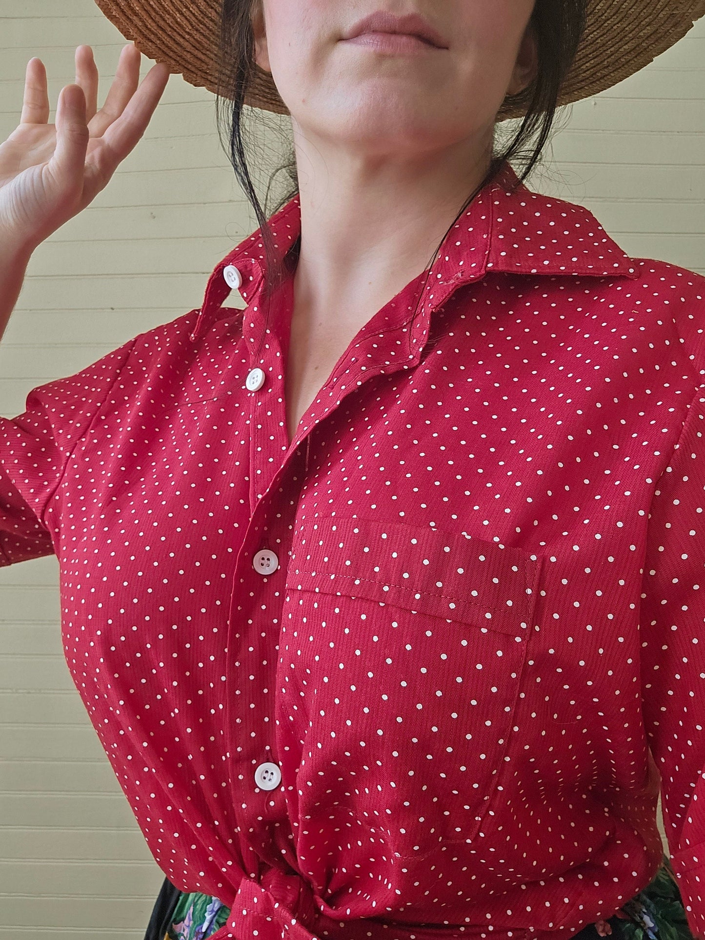 Vintage blouse, Blair medium red white polka dots button up front collar short sleeves pocket casual shirt 80s 90s women flirty retro pinup