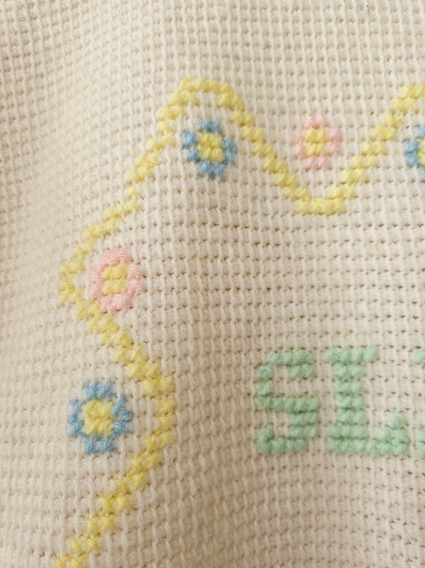 Vintage blanket baby gender neutral swaddle sleep crochet handmade pastel crib bedding shower gift boy girl cross stitch nursery newborn mom