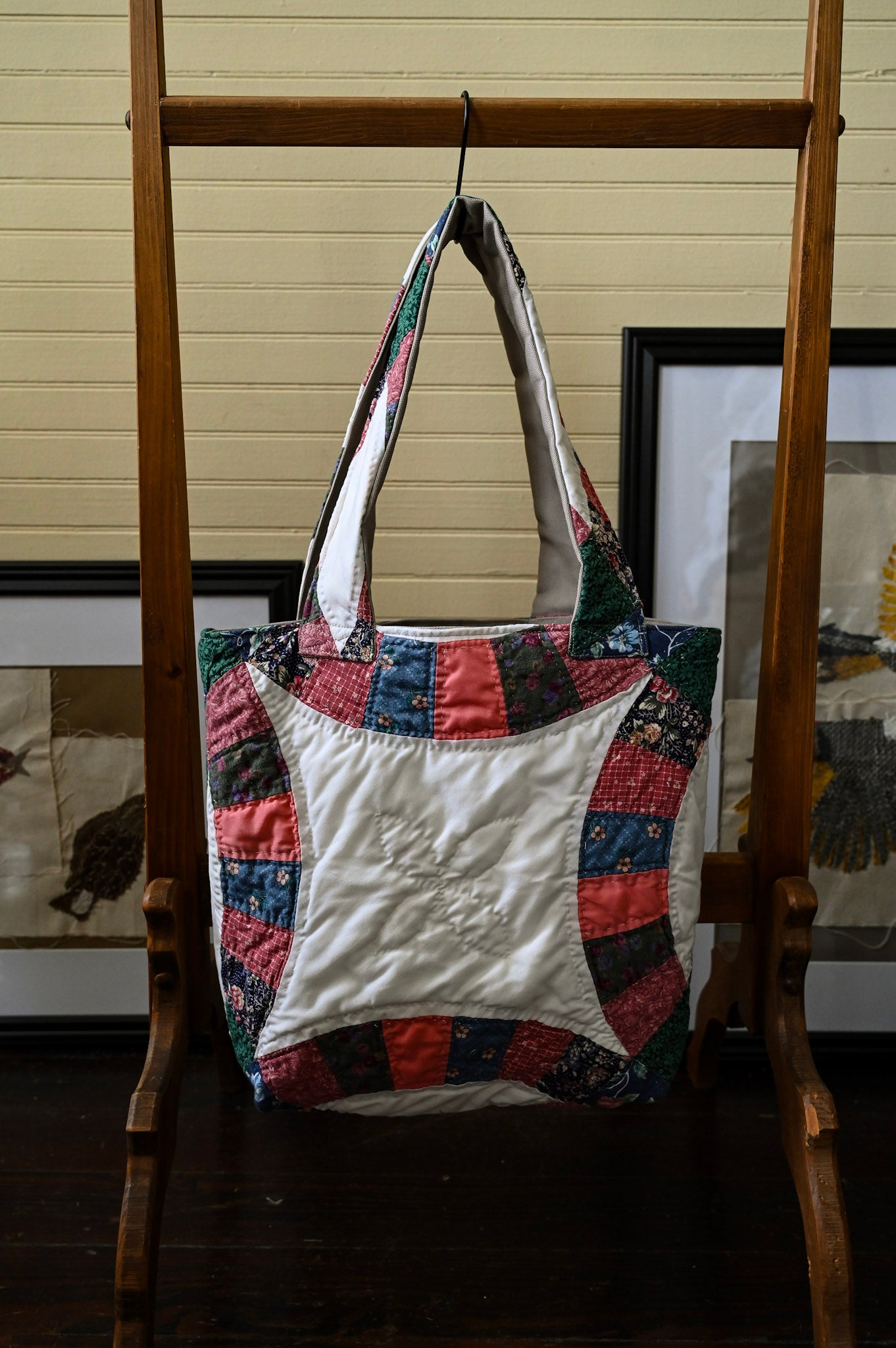 Handmade quilt tote, small market bag upcycled repurposed patchwork fully lined inside pocket pink green blue floral stripes