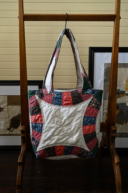 Handmade quilt tote, small market bag upcycled repurposed patchwork fully lined inside pocket pink green blue floral stripes