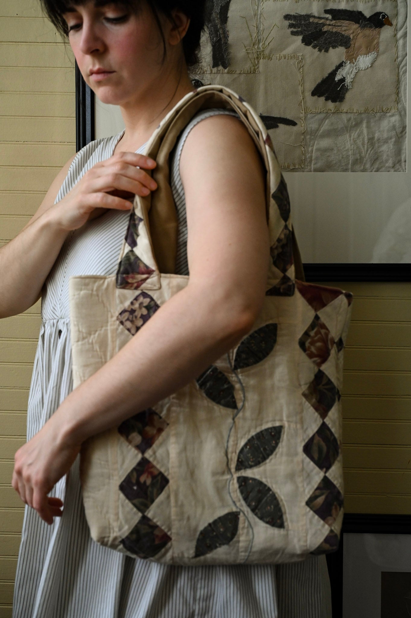 Handmade quilt tote, small market bag upcycled repurposed patchwork fully lined inside pocket pink purple green floral vines