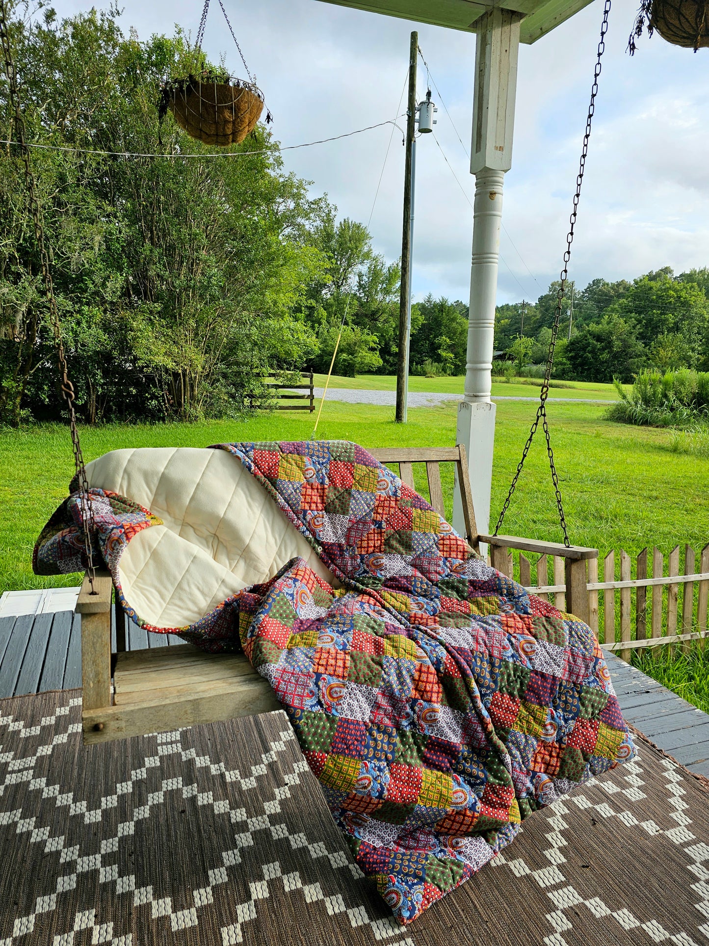 Vintage sleeping bag Snug Sack one size adult 70s patchwork quilted thick floral paisley wearable blanket zipper snaps camping red navy primary colors retro