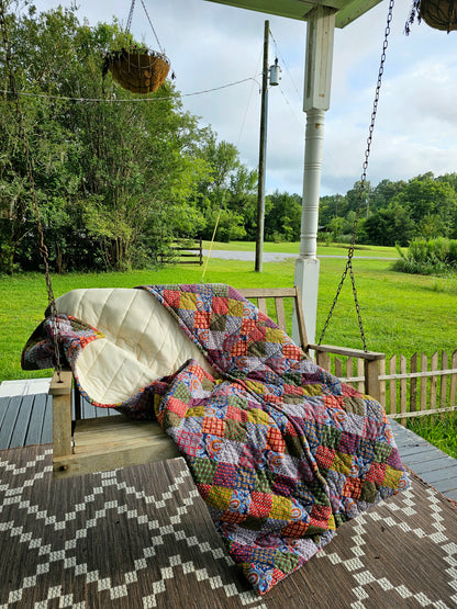 Vintage sleeping bag Snug Sack one size adult 70s patchwork quilted thick floral paisley wearable blanket zipper snaps camping red navy primary colors retro