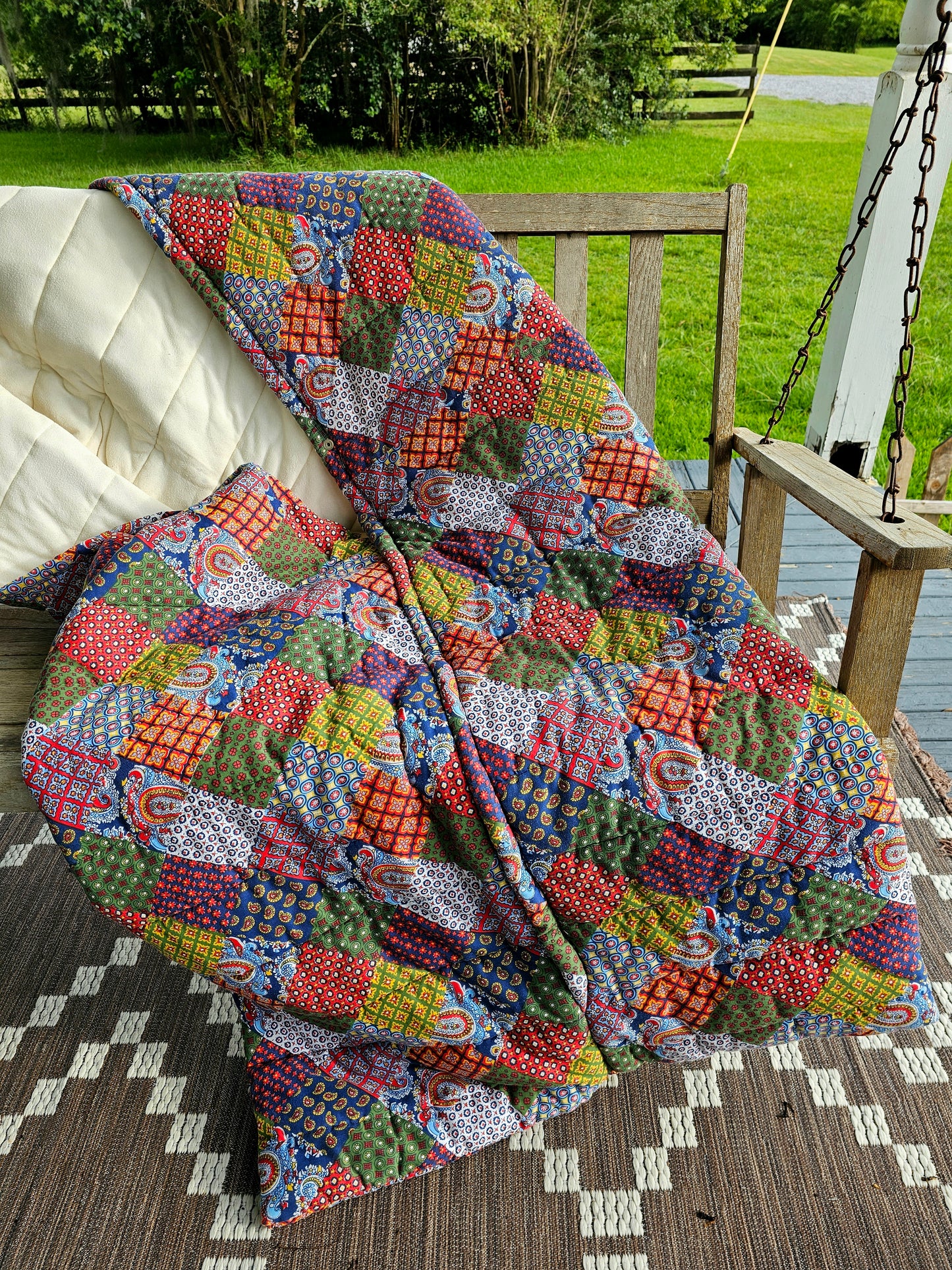 Vintage sleeping bag Snug Sack one size adult 70s patchwork quilted thick floral paisley wearable blanket zipper snaps camping red navy primary colors retro